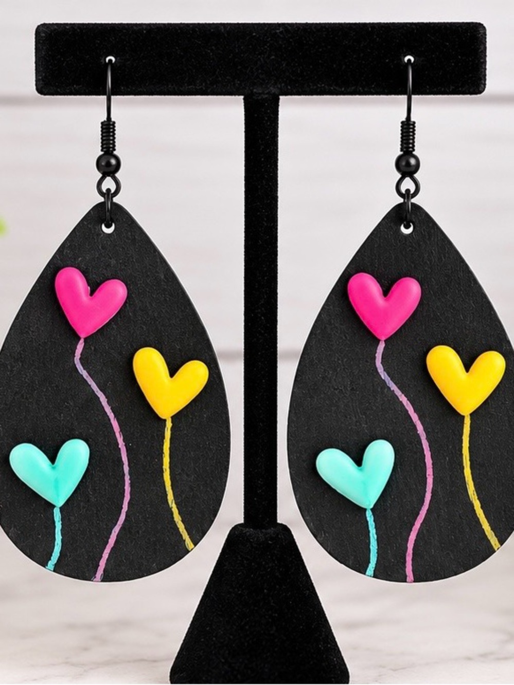 Handmade Black Teardrop Earrings with Pink, Yellow & Teal Hearts